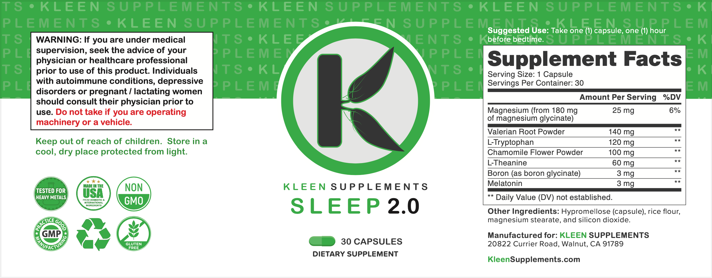 Kleen Supplements Sleep 2.0 dietary supplement label with green and white design.