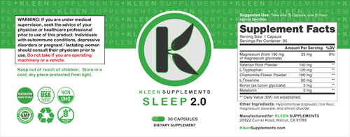 Kleen Supplements Sleep 2.0 dietary supplement label with green and white design.