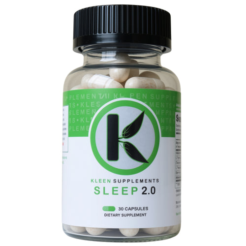A bottle of Kleen Supplements Sleep 2.0 dietary supplement containing 30 capsules, with a black cap and a white and green label.