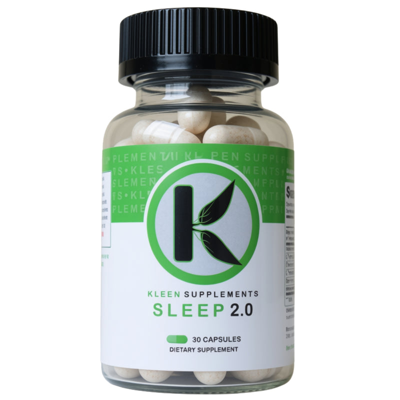 A bottle of Kleen Supplements Sleep 2.0 dietary supplement containing 30 capsules, with a black cap and a white and green label.
